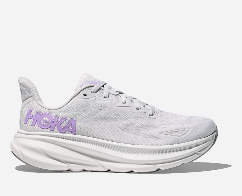 HOKA Women's Clifton 9 Road Running Shoes in Cosmic Grey/Aster Flower, Size 5.5