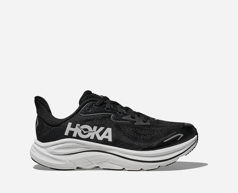 HOKA Kid's Clifton 10 Road Running Shoes in Black/White, Size 3Y