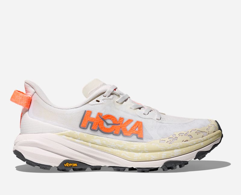 HOKA Women's Speedgoat 6 All-Terrain Running Shoes in White/Neon Tangerine, Size 42 2/3