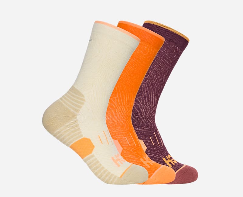 HOKA Crew Run Sock 3-Pack in Truffle Salt/Pumpkin/Blk Cherry, Size XL