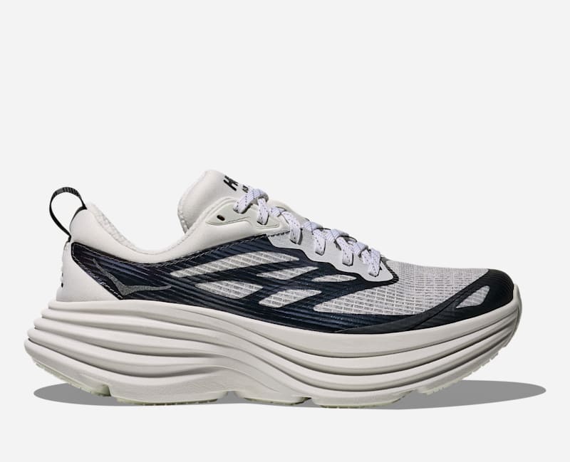HOKA Stealth/Tech Bondi 8 Caged Lifestyle Shoes in Frost/Metallic Black, Size 6