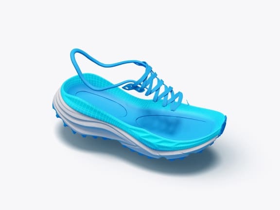 3D rendered blue running shoe design with white midsole and visible wireframe.