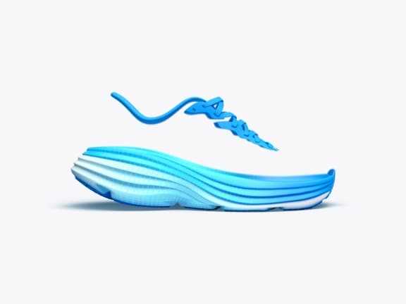 Abstract blue and white shoe sole with wireframe detail and floating upper structure.
