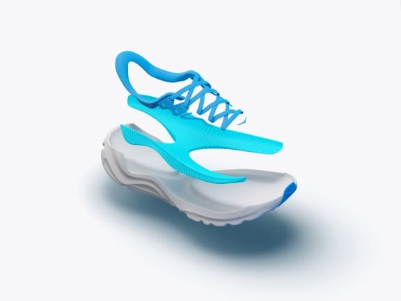 Deconstructed running shoe with white sole, blue internal structure, and laced upper.