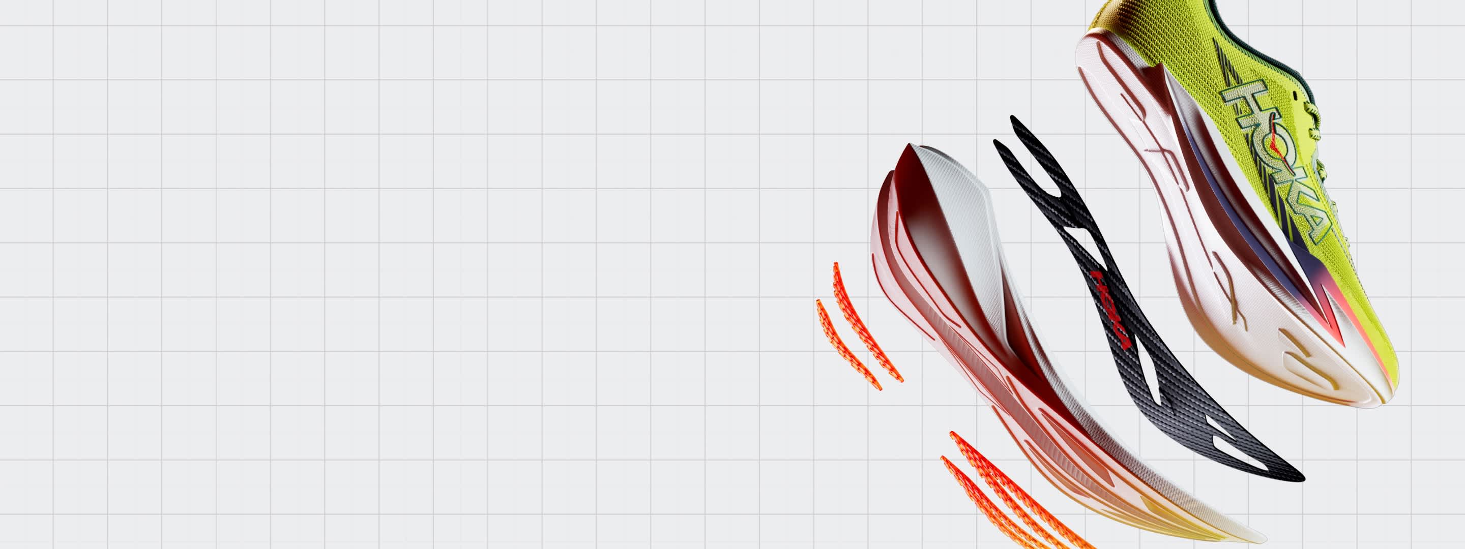 HOKA shoe components deconstructed with 'Innovation is the Heart of HOKA' text.