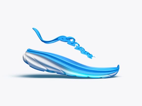 Deconstructed running shoe sole in blue and white with abstract blue laces.