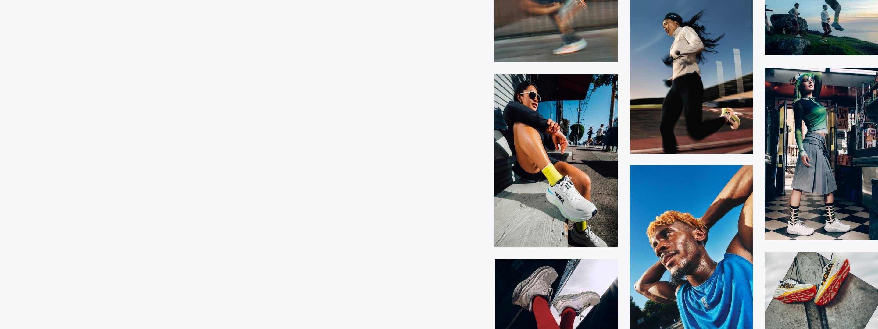 Collage of individuals wearing Hoka shoes across diverse activities and settings.