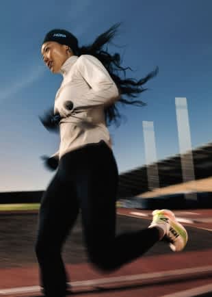 Collage of individuals wearing Hoka shoes across diverse activities and settings.