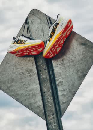 Collage of individuals wearing Hoka shoes across diverse activities and settings.