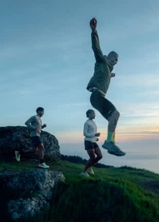 Collage of individuals wearing Hoka shoes across diverse activities and settings.