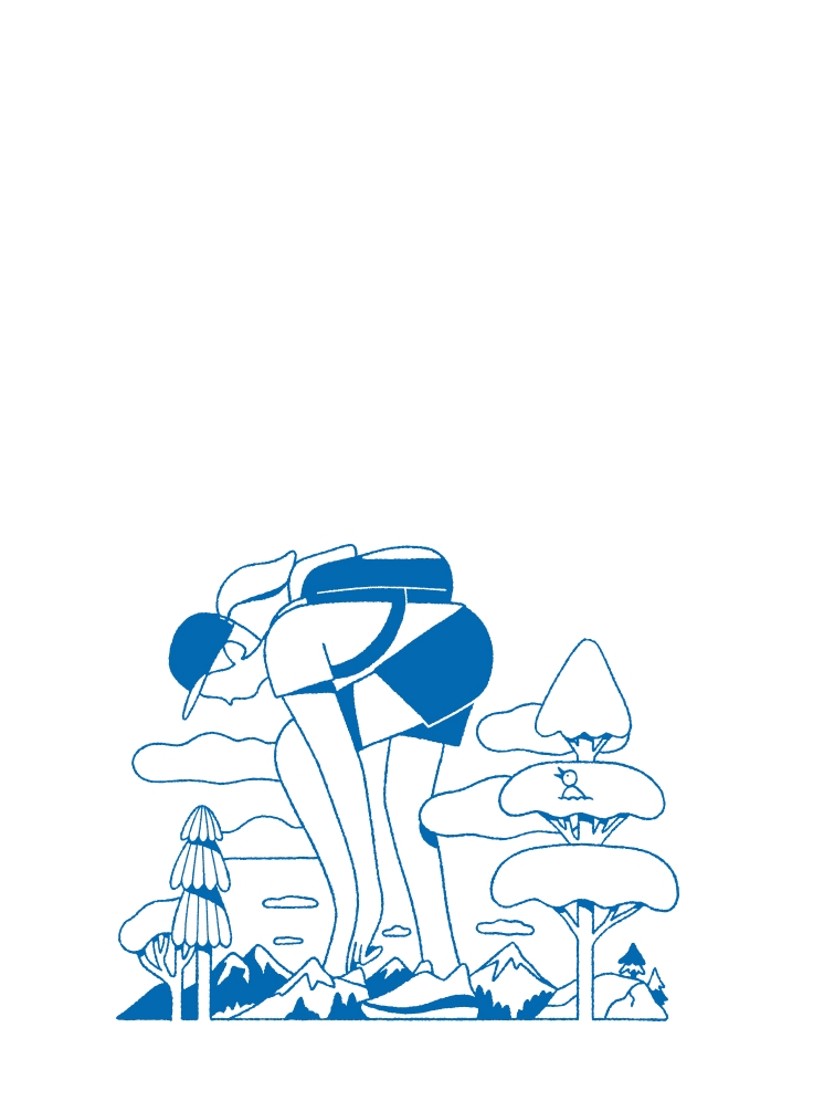 Stylized blue illustration of a person hiking, bending down in a mountain landscape.