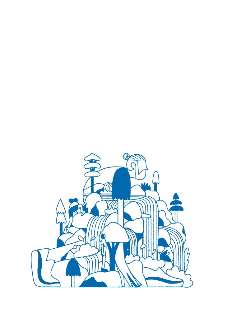 Stylised blue drawing: waterfalls, trees, mushrooms, and small people in a fantasy