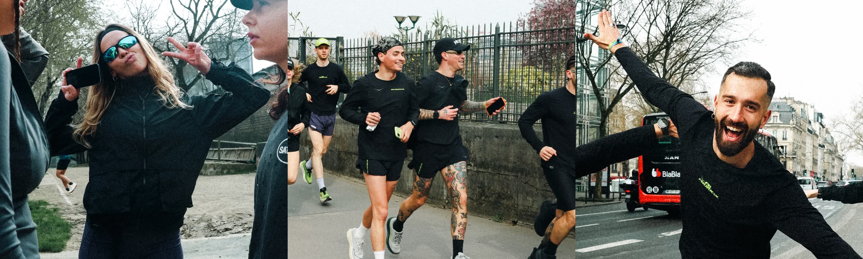 Multiple active individuals outdoors with 'Fly with HOKA' text. Some run, some pose.