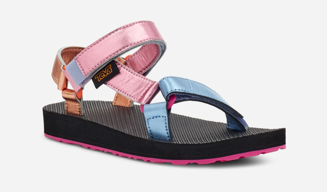 Teva Girls’ Original Universal Shimmer Sandals – Metallic Leather Straps, Recycled Materials, Hook & Loop Closure