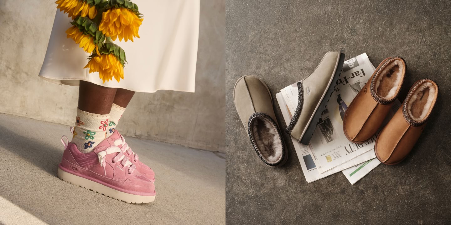 Pink sneakers shot next to sunflowers, next to a flat lay of shearling-lined slippers.