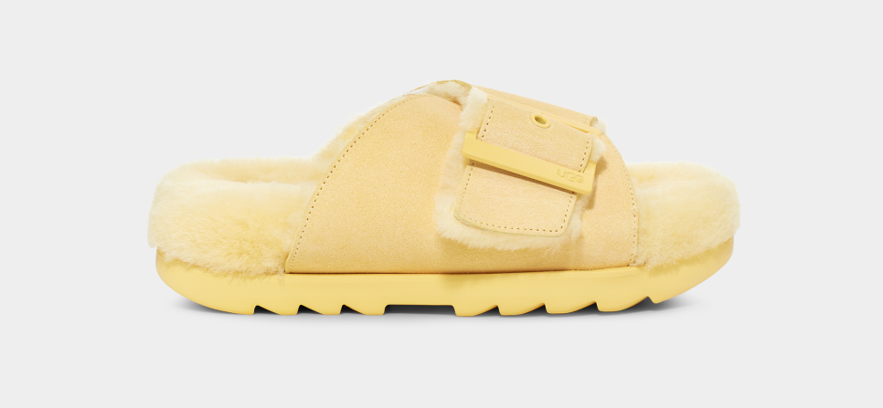 Fuzzette Slide Ugg Fuzzette Cross Strap Fluffy Slippers In Yellow