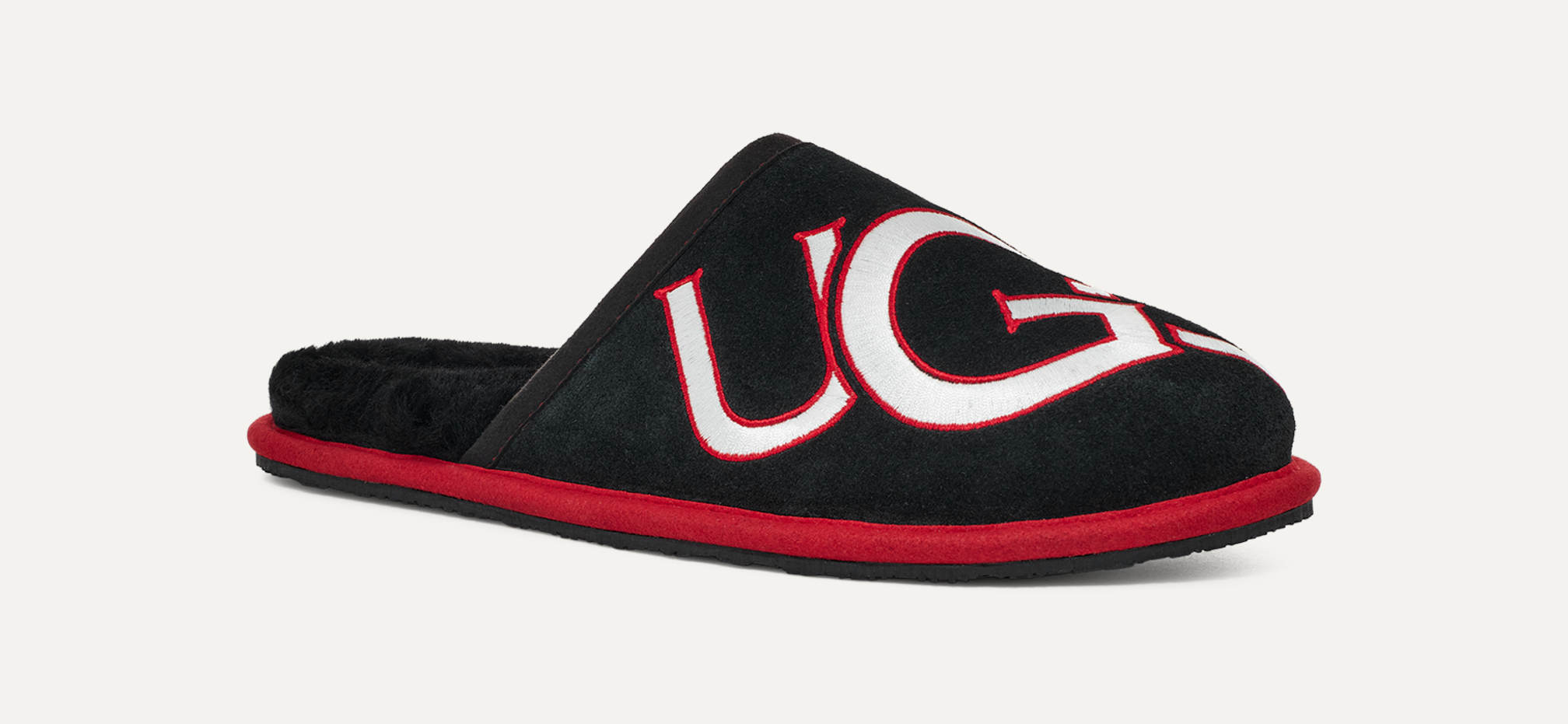 Ugg scuff logo black and red hot sale