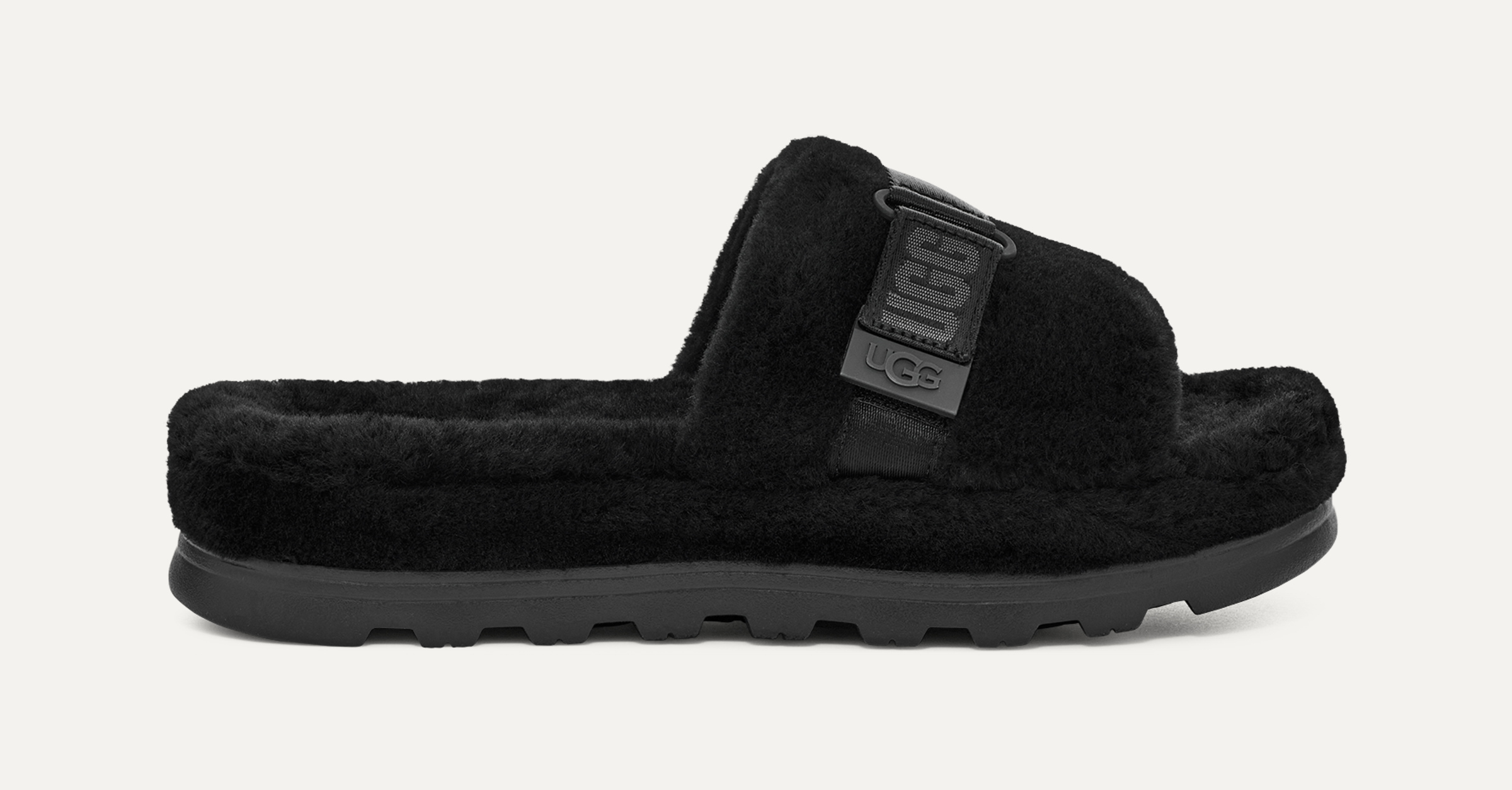 Black fluffy ugg slides shop