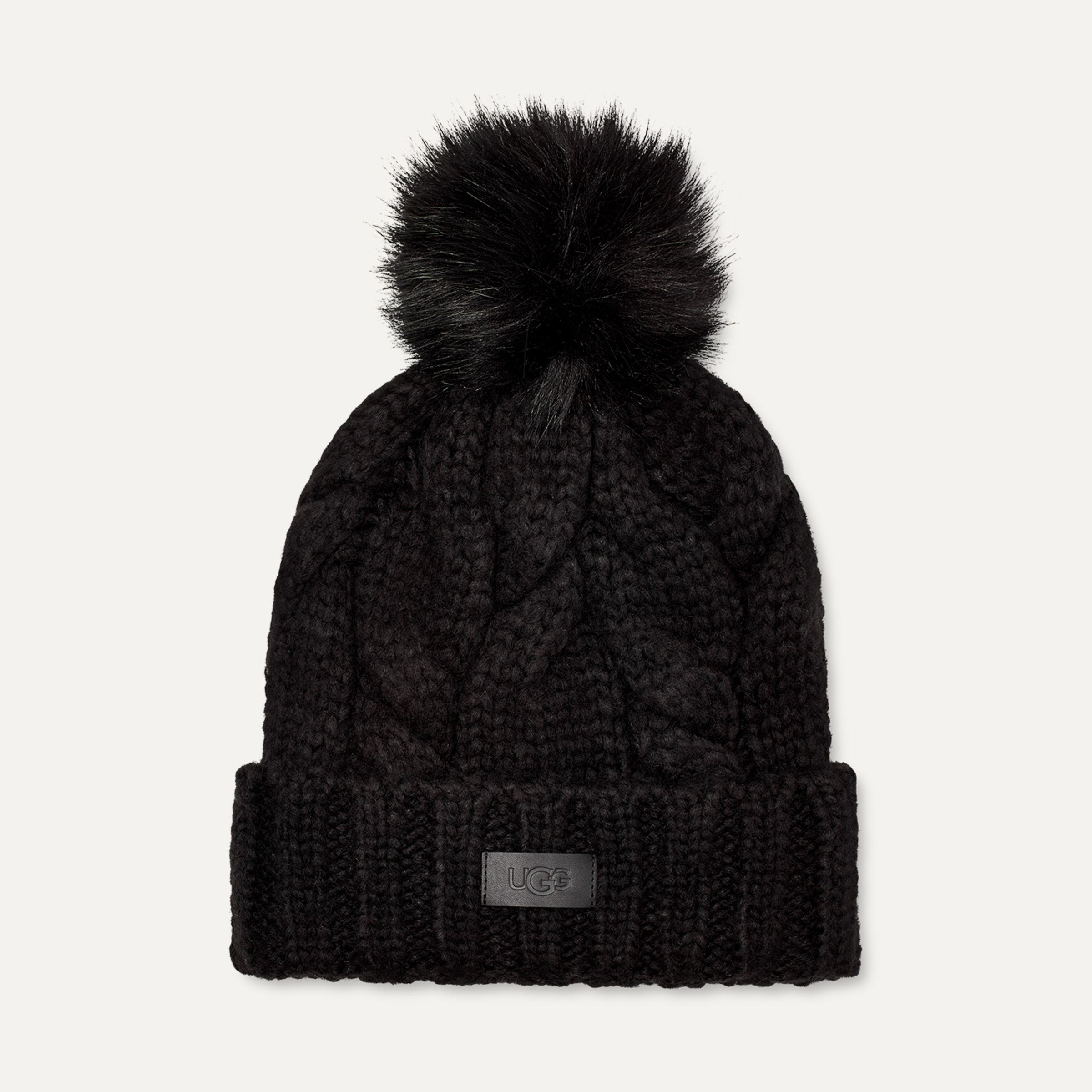 Black wooly hat with fur pom pom on sale