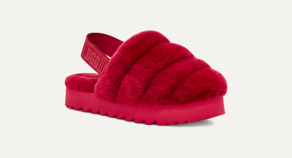 Red ugg fluff slides hot sale