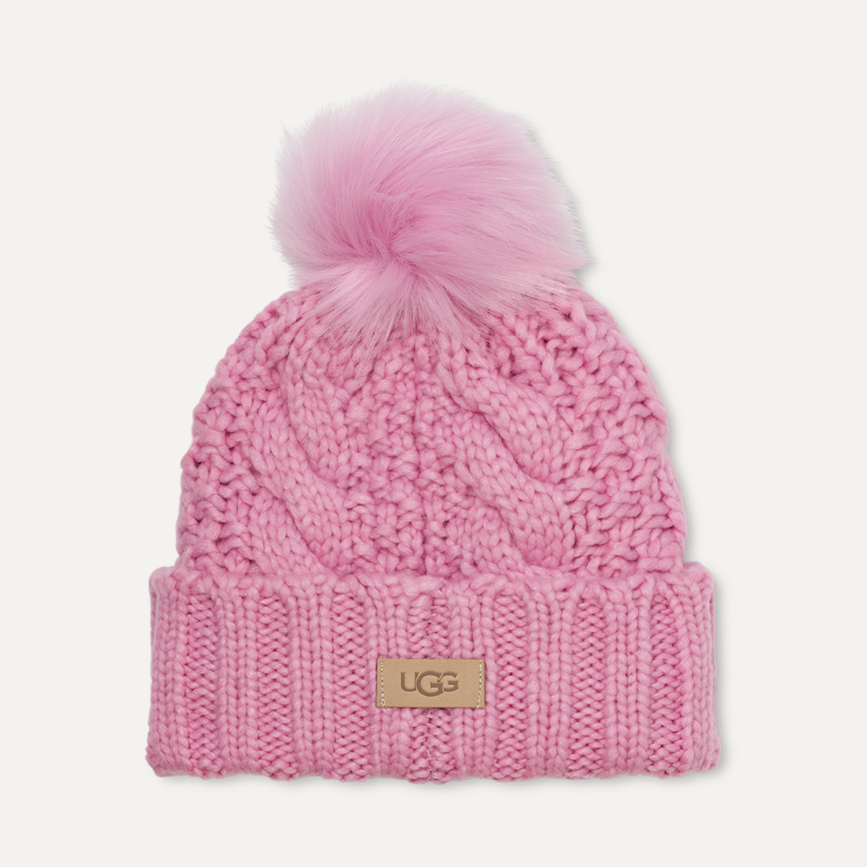 Knit Cable Beanie Faux Fur Pom UGG