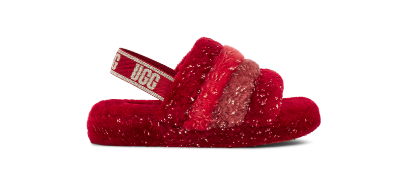 Red fluffy ugg slides discount