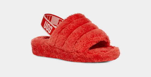 Red fur ugg shop slides