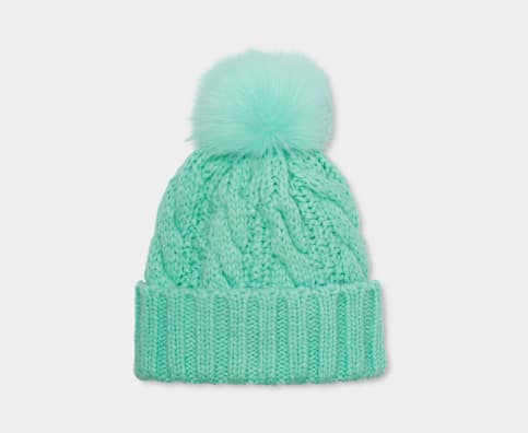 ASOS Design Cable Knit Beanie with Faux Fur Pom in sage-Green