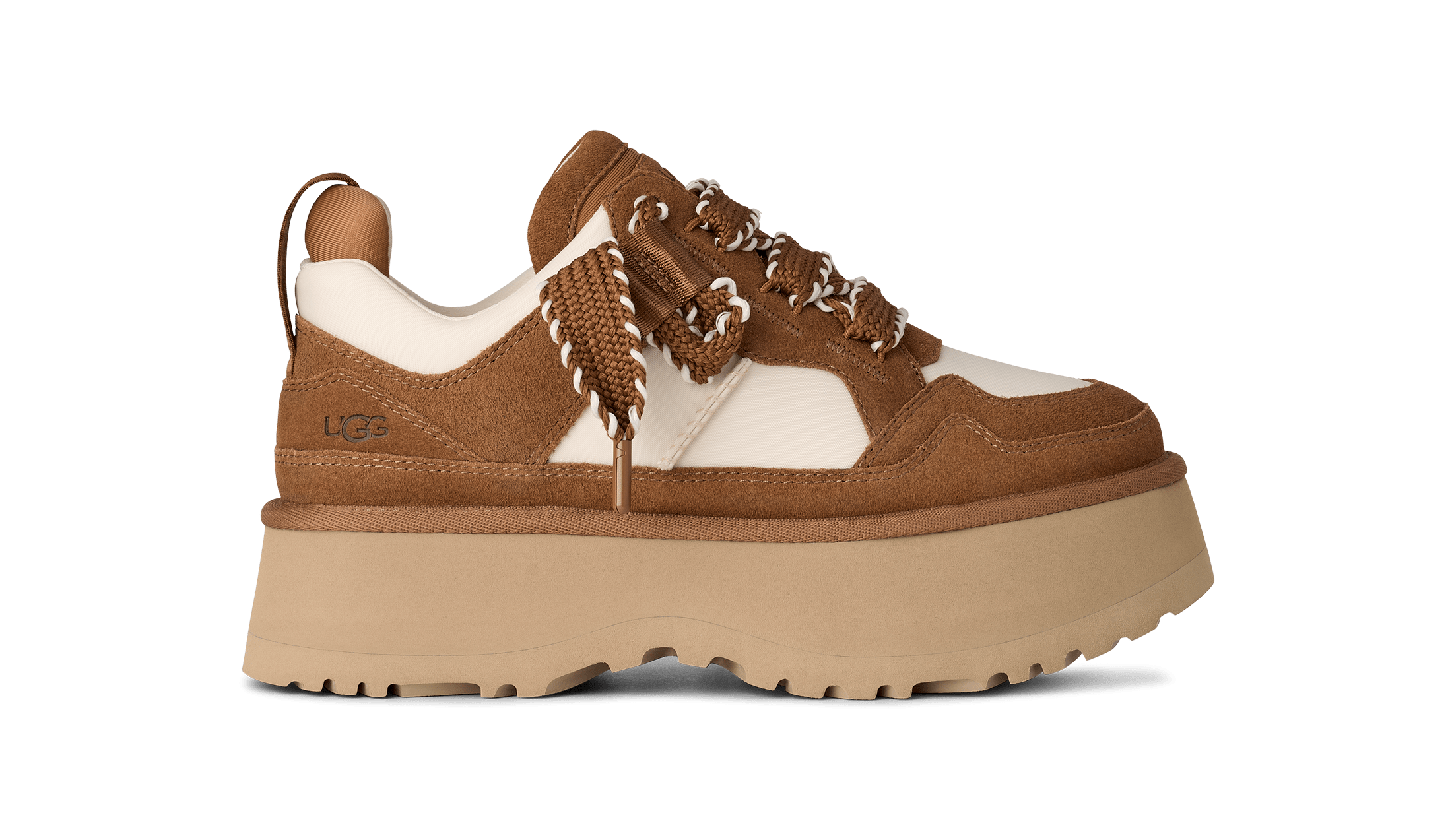 UGG PINKETT WHITE STRETCH KNIT/ LEATHER LACE-UP SNEAKERS, US