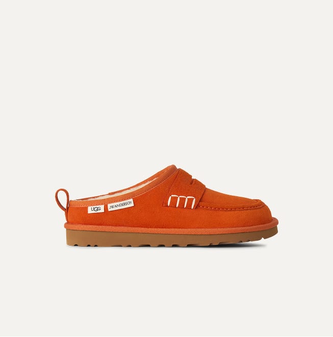 A studio shot of UGG JW Anderson loafer in orange.