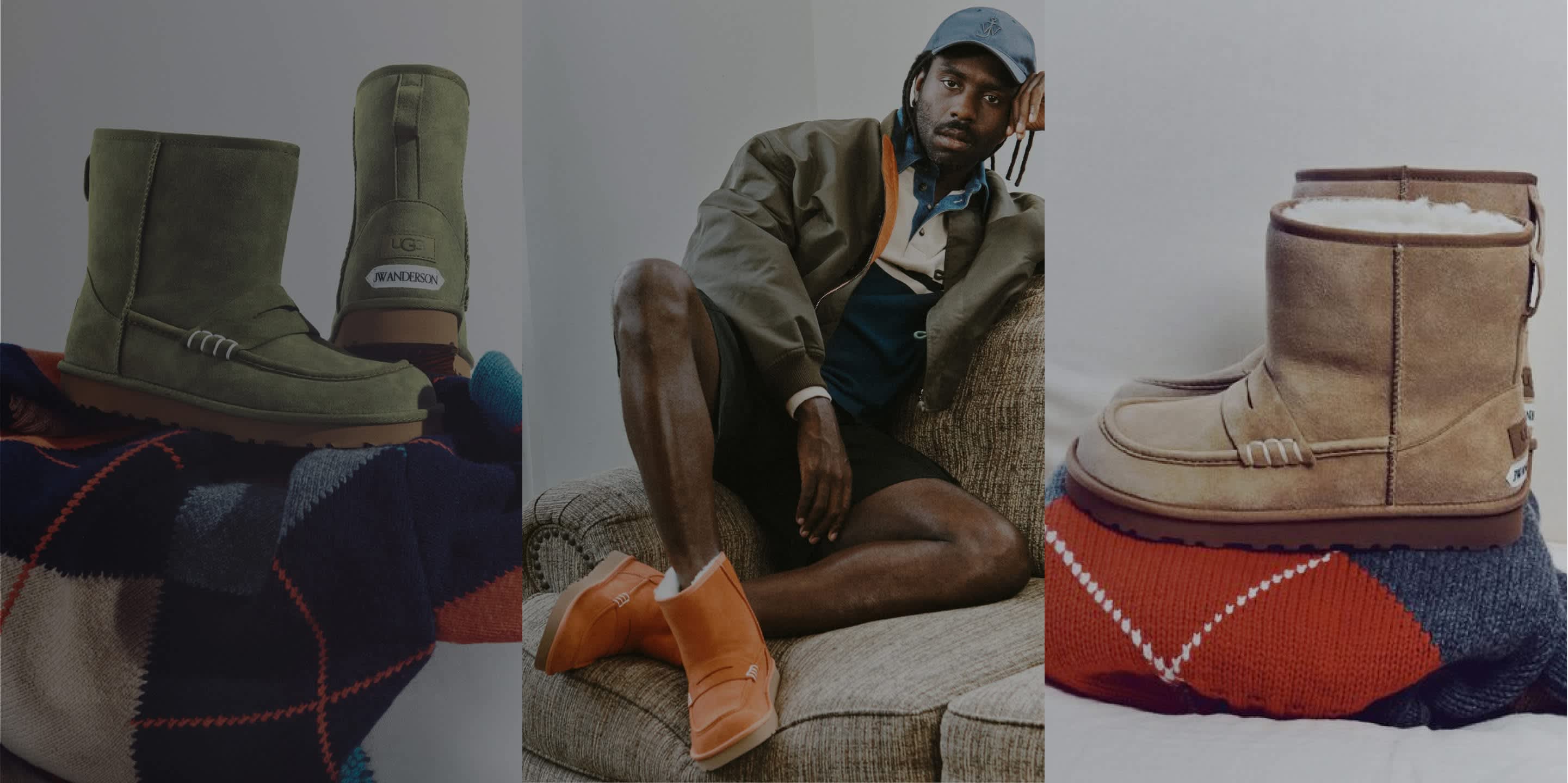 UGG JW Anderson boots displayed in different colors and worn indoors.