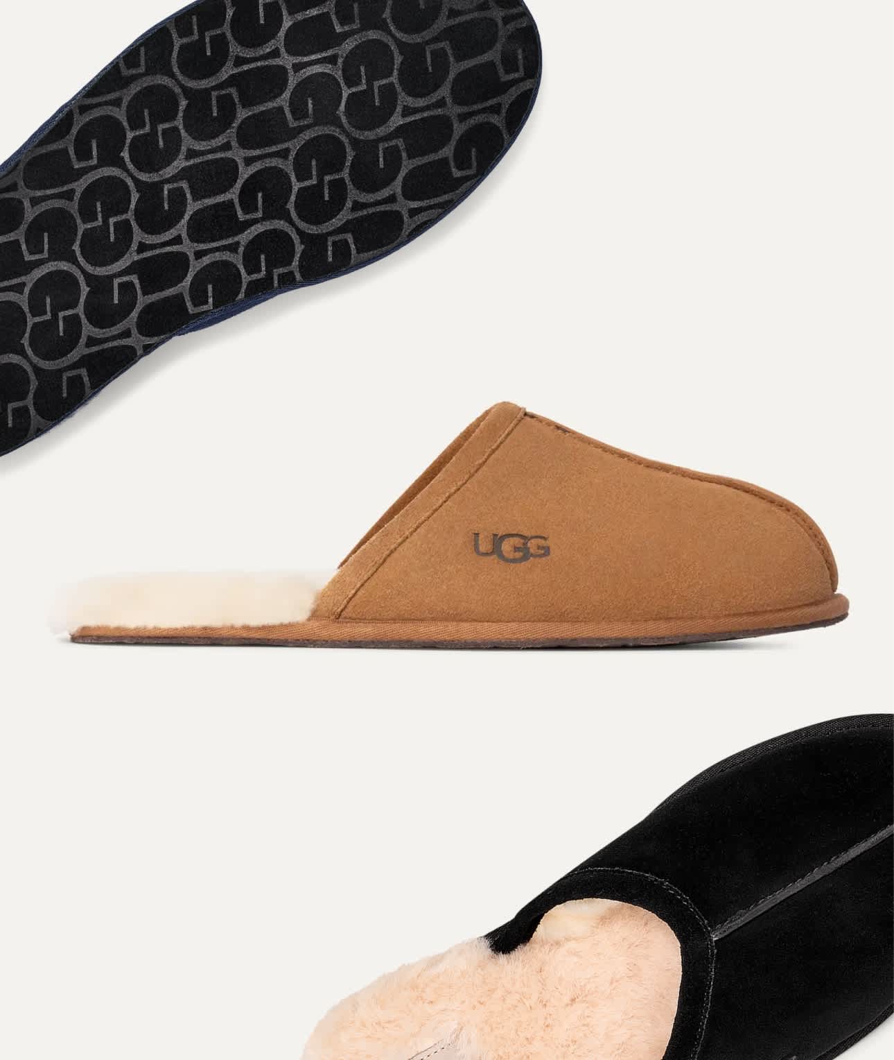 Three UGG slippers in black and brown, shown from sole, side, and top views to highlight design and texture.