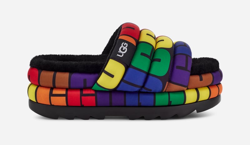 UGG Pride Slide Sheepskin Sandals in Rainbow Logo