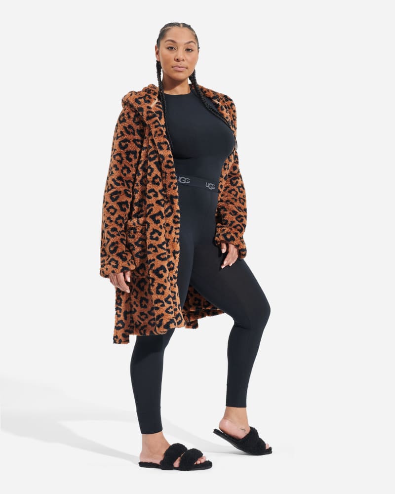UGG Women's Aarti UGGfluff Print Robe Fleece/Recycled Materials Robes in Cider Leopard