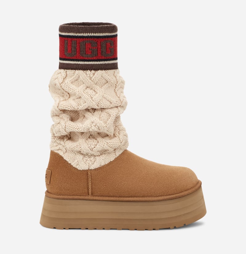 UGG Women's Classic Sweater Letter Knit Classic Boots in Chestnut