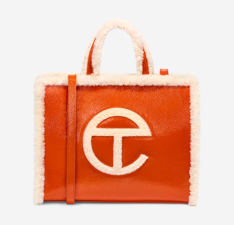 UGG x TELFAR Medium Shopper Crinkle Leather/Sheepskin Handbags in Spicy