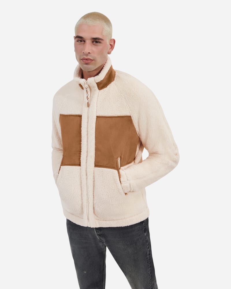 UGG Men's Keane UGGfluff Heritage Jacket Faux Leather/Fleece/Recycled Materials in Cream/Chestnut