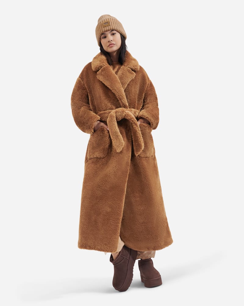 UGG Alesandra Faux Fur Wrap Coat in Pecan