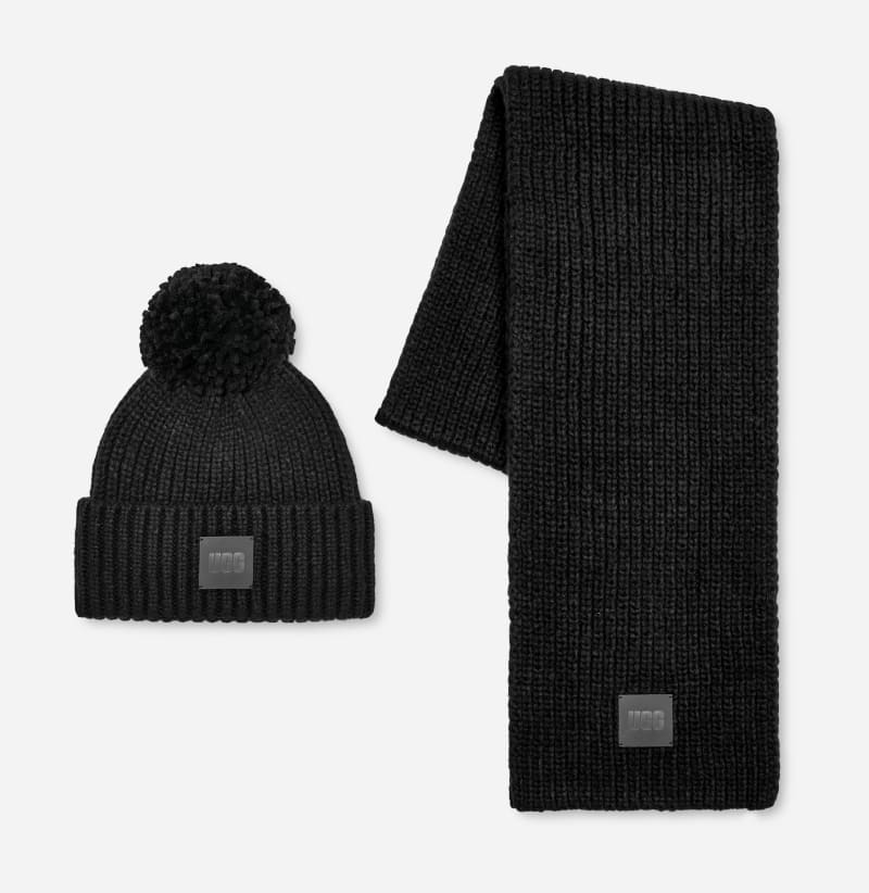 UGG Ensemble bonnet en maille côtelée épaisse à pompon pour Femme in Black, Taille O/S, Mélange D’Acrylique product