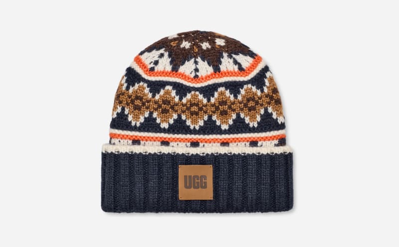 UGG Elias Knit Beanie for Men in Mariner UGG braid, Size OS, Wool/Leather in Mariner Uggbraid
