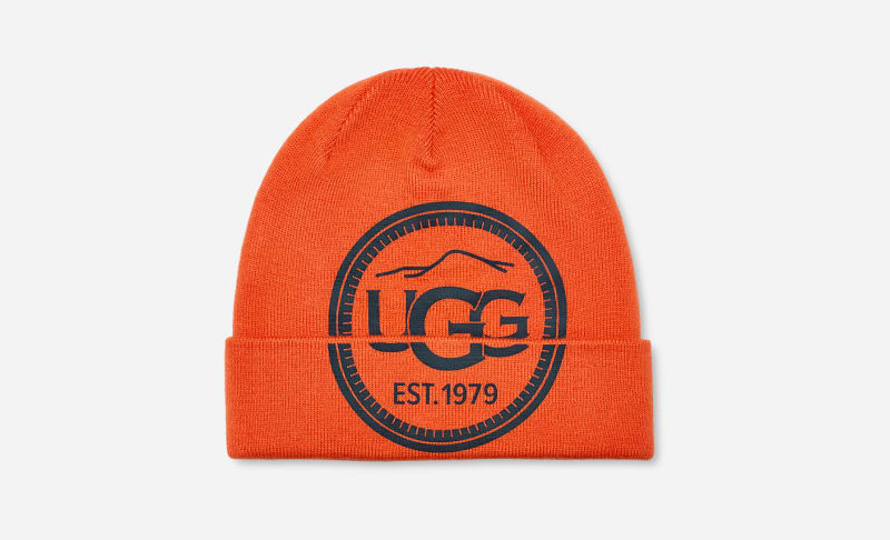 UGG Mountain Logo Beanie for Men in Orange Soda, Size OS, Wool/Polyester