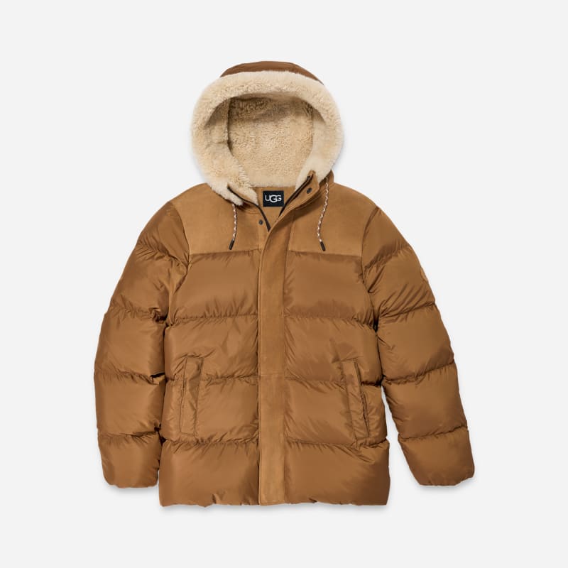 UGG Shasta Down Puffer Jacket for Men in Brown, Size Medium, Polyester/Leather