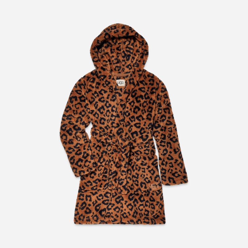 UGG Aarti Print Robe for Women in Cider Leopard, Size XS, Fleece/Recycled Materials/Polyester