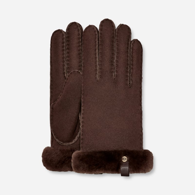 UGG Shorty Glove With Leather Trim for Women in Brown, Size Small, Shearling/Leather/Wool
