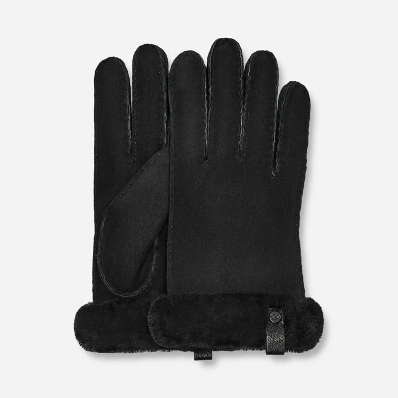 UGG Shorty Leather Trim Glove for Women in Black, Size Large, Shearling/Leather/Wool