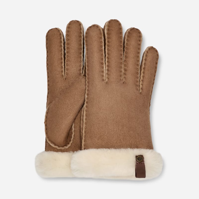UGG Shorty Leather Trim Glove for Women in Brown, Size Small, Shearling/Leather/Wool