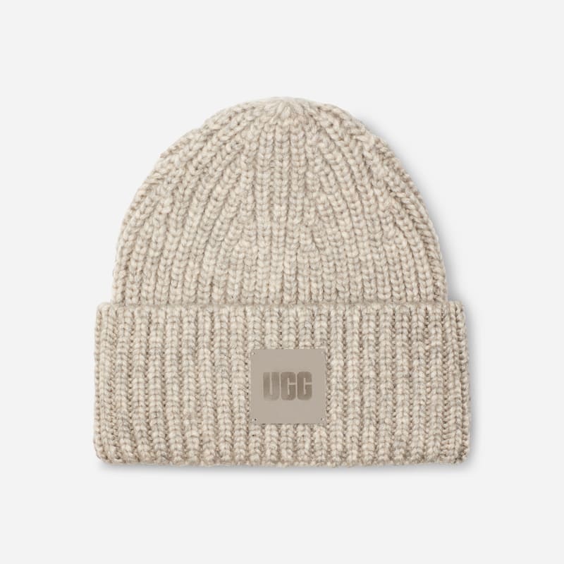 UGG Chunky Rib Beanie for Women in Grey, Size OS, Wool/Leather
