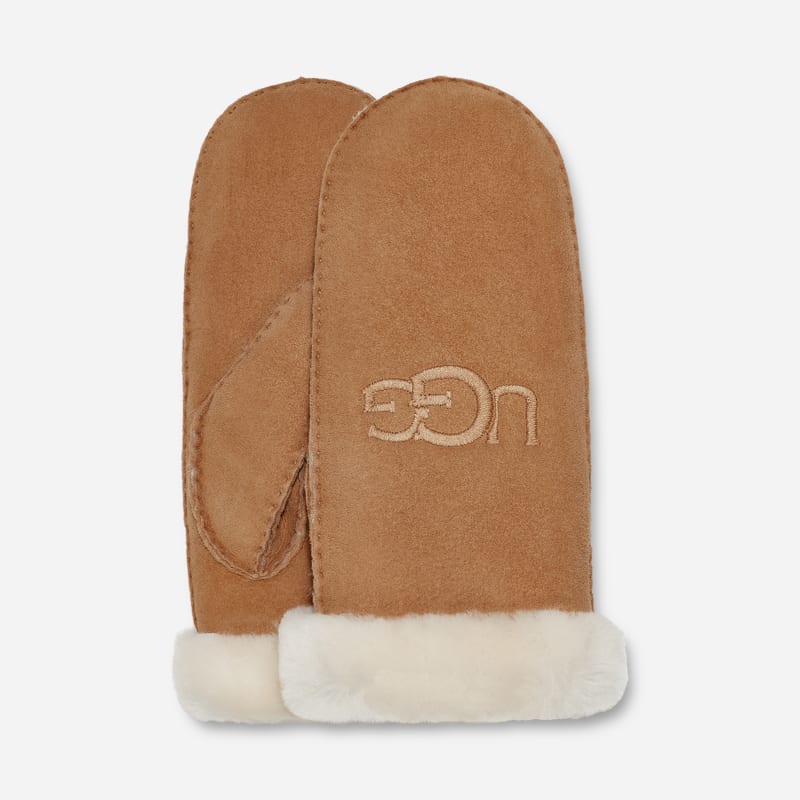 UGG Women's Sheepskin Embroider Mitten in Brown, Size L/XL | Shearling
