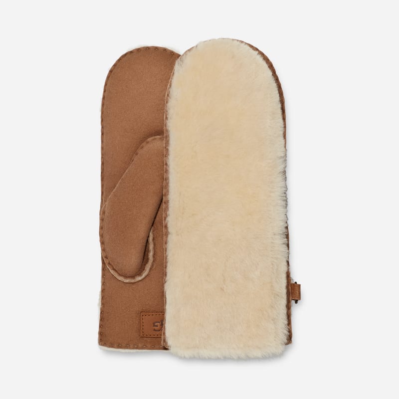UGG Women's Exposed Sheepskin Mitten in Brown, Size L/XL