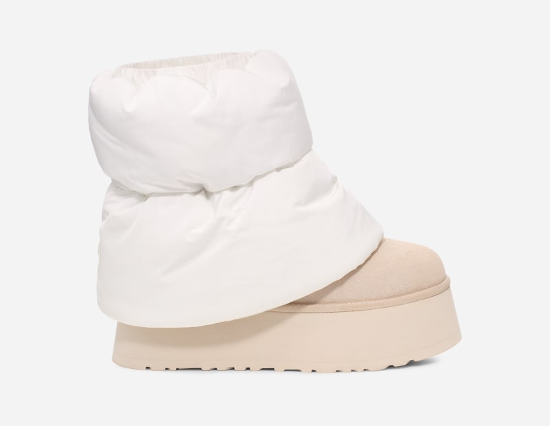UGG Classic Mini Dipper Puffer Boot for Women in White/Ceramic, Size 5, Textile/Suede/Polyester